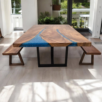 210 cm x 145 cm Blauer Esstisch aus indischem Walnussholz mit Harz und Baumkante