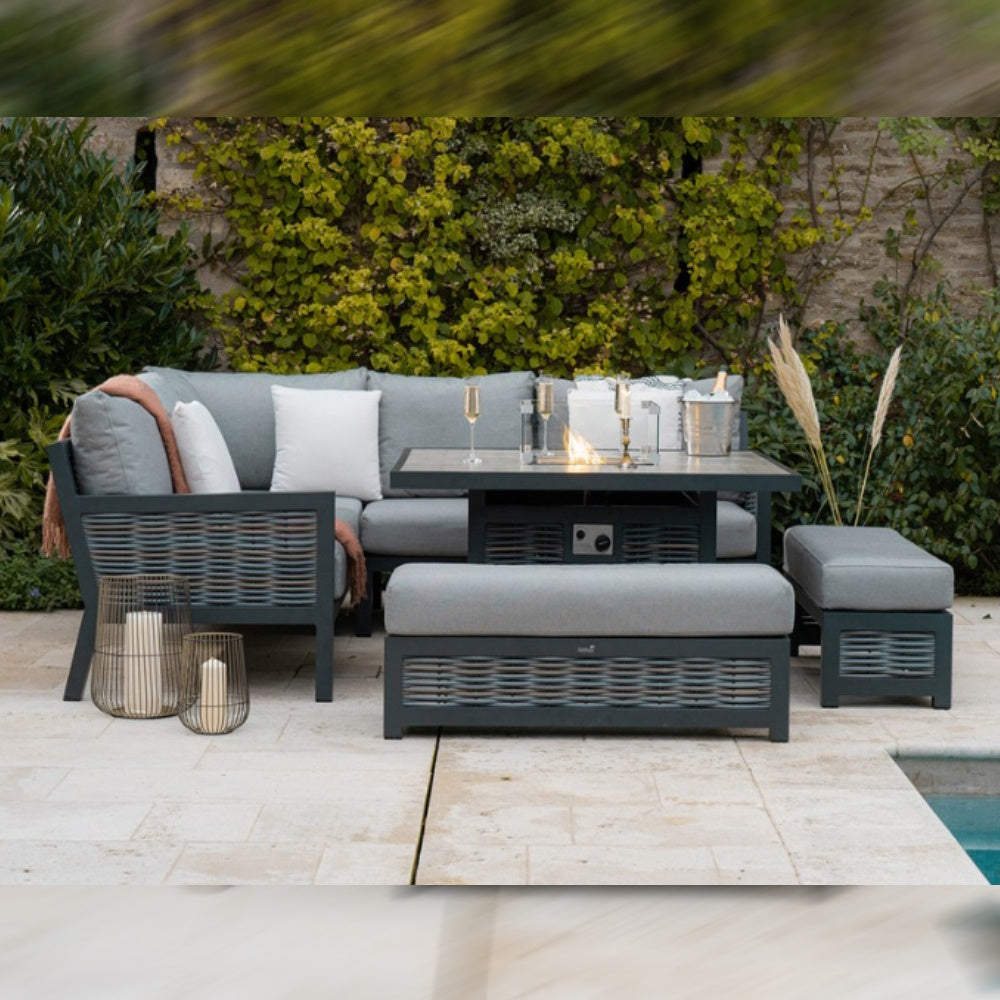 Cambridge Rattan Feuerschale Ecksofa und Bänke Gartenmöbelset